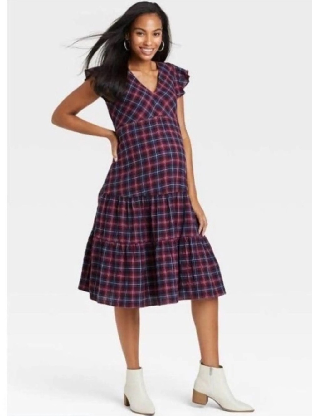 The Nines by Hatch Maternity Plaid Dress Tiered Flutter Sleeve Sz Large Boho